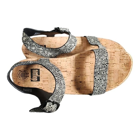 Fitflop Sandals Black White 10 Leather Open Toe Ankle Strap Cork Platform Wedge - Picture 6 of 8